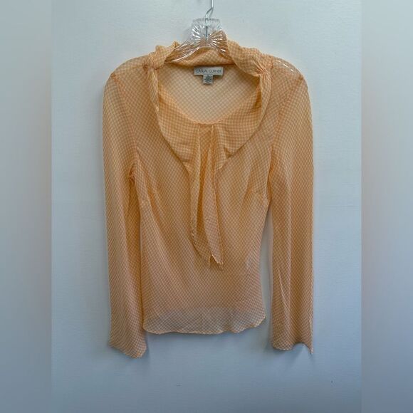 Vintage 100% Silk Sheer Peach Printed Tie Neck Long Sleeve Blouse Size M - Picture 5 of 10